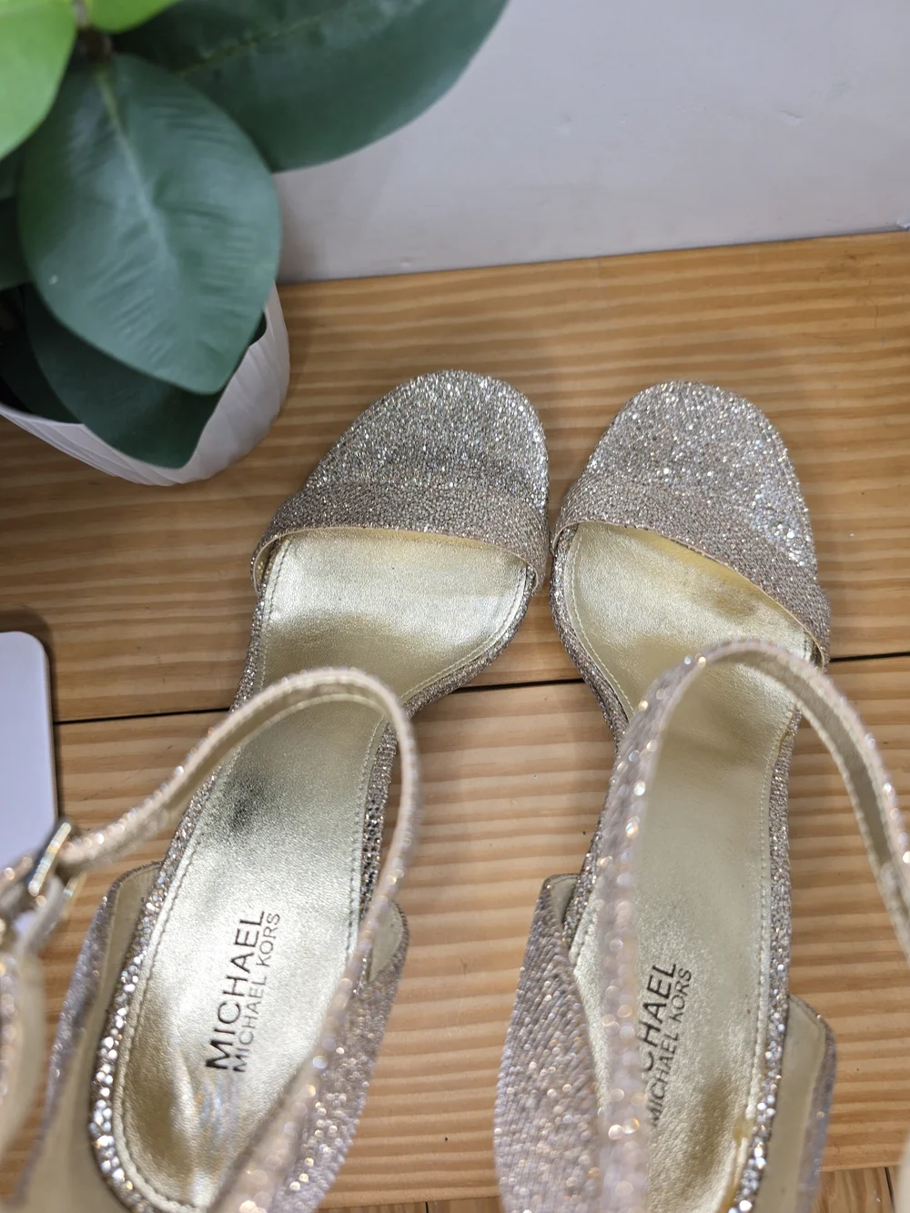Michael Kors Margot Gold Glitter Ankle-Strap Platform Heels 9.5M